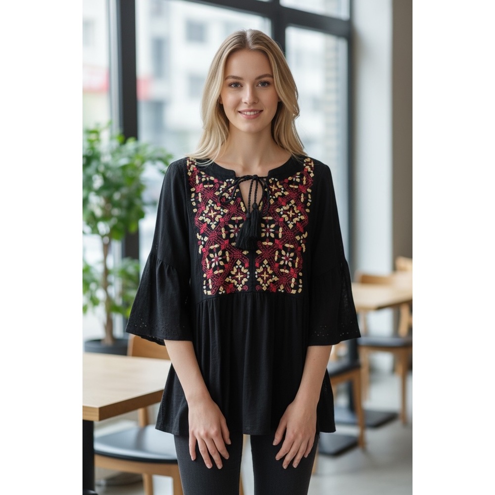 Vintage America Embroidered Tassel Tie Neck Bell Sleeve Blouse‎ Top Small